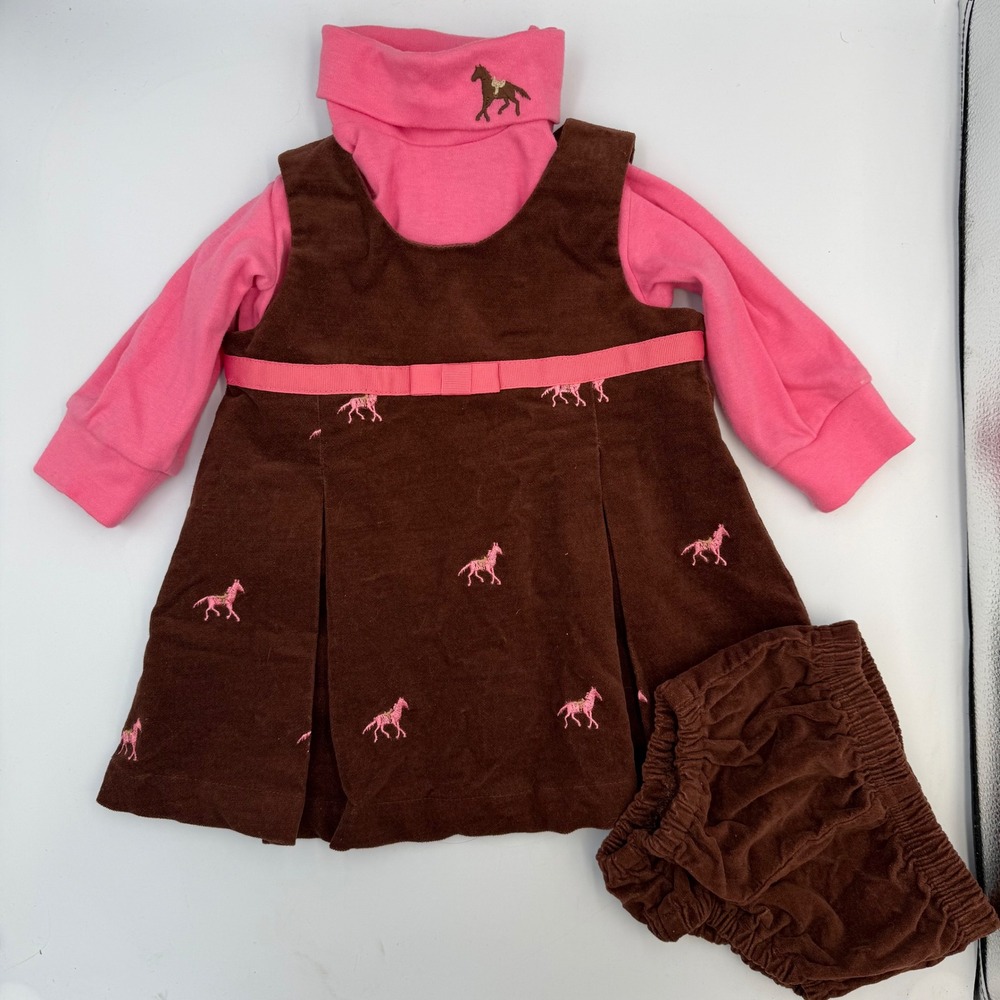 Hartstrings 12M Embroidered Horse Dress 3 Pc Set Pink Brown Baby Girl Outfit - Picture 3 of 16